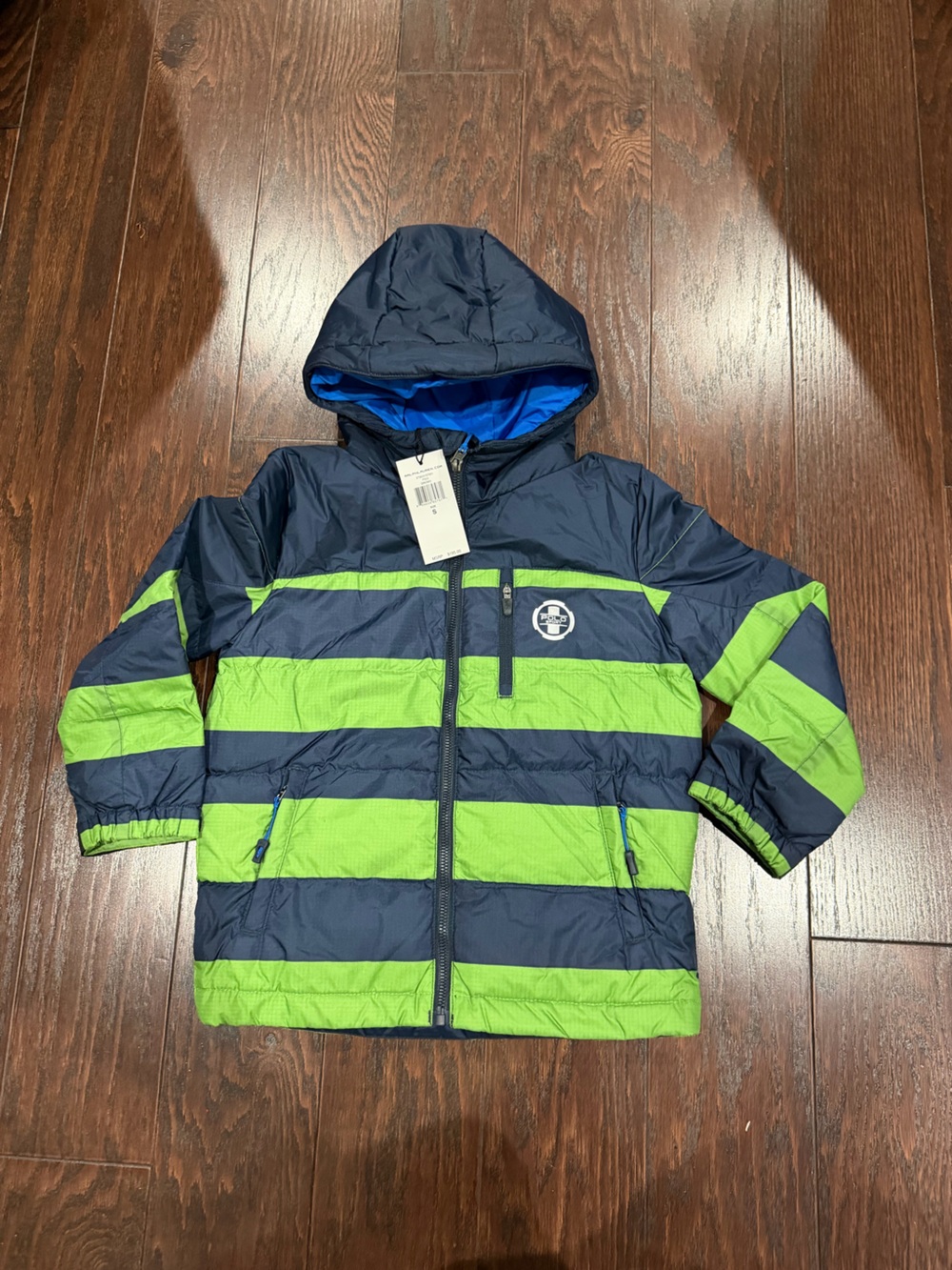Polo ‘Sport’ Ralph Lauren Green/Navy Striped Down Puffer Jacket Size Small